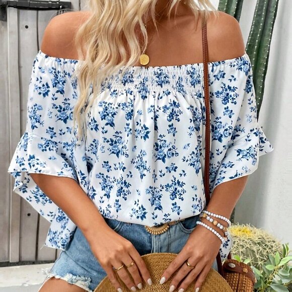 Multicolor Boho Women's Style floral Printed Off-Shoulder Shirt blouse - Picture 3 of 6